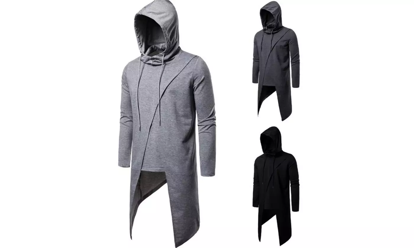 Mens Casual Hooded Poncho Cape Cloak Irregular Hem Hoodie Pullover - Primary Image