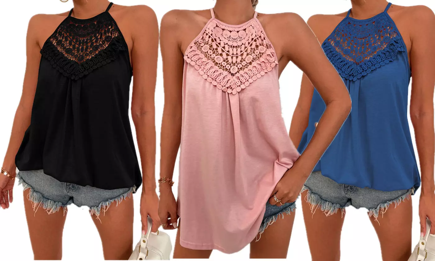 Womens Flowy Lace Crochet Halter Sleeveless Tunic Loose Spaghetti Strap Tank Top - Primary Image