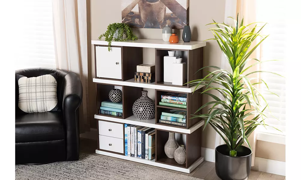 Rune Two-Tone White and Walnut Brown Finished 2-Drawer Bookcase - Primary Image