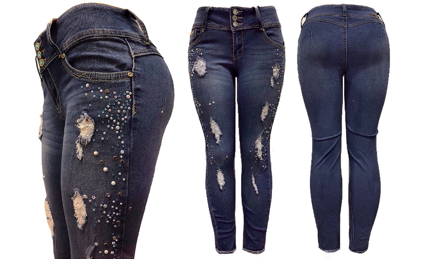 Image 2: Mid-Rise Sexy Skinny Denim Lift Jeans with Gems & Rhinestones