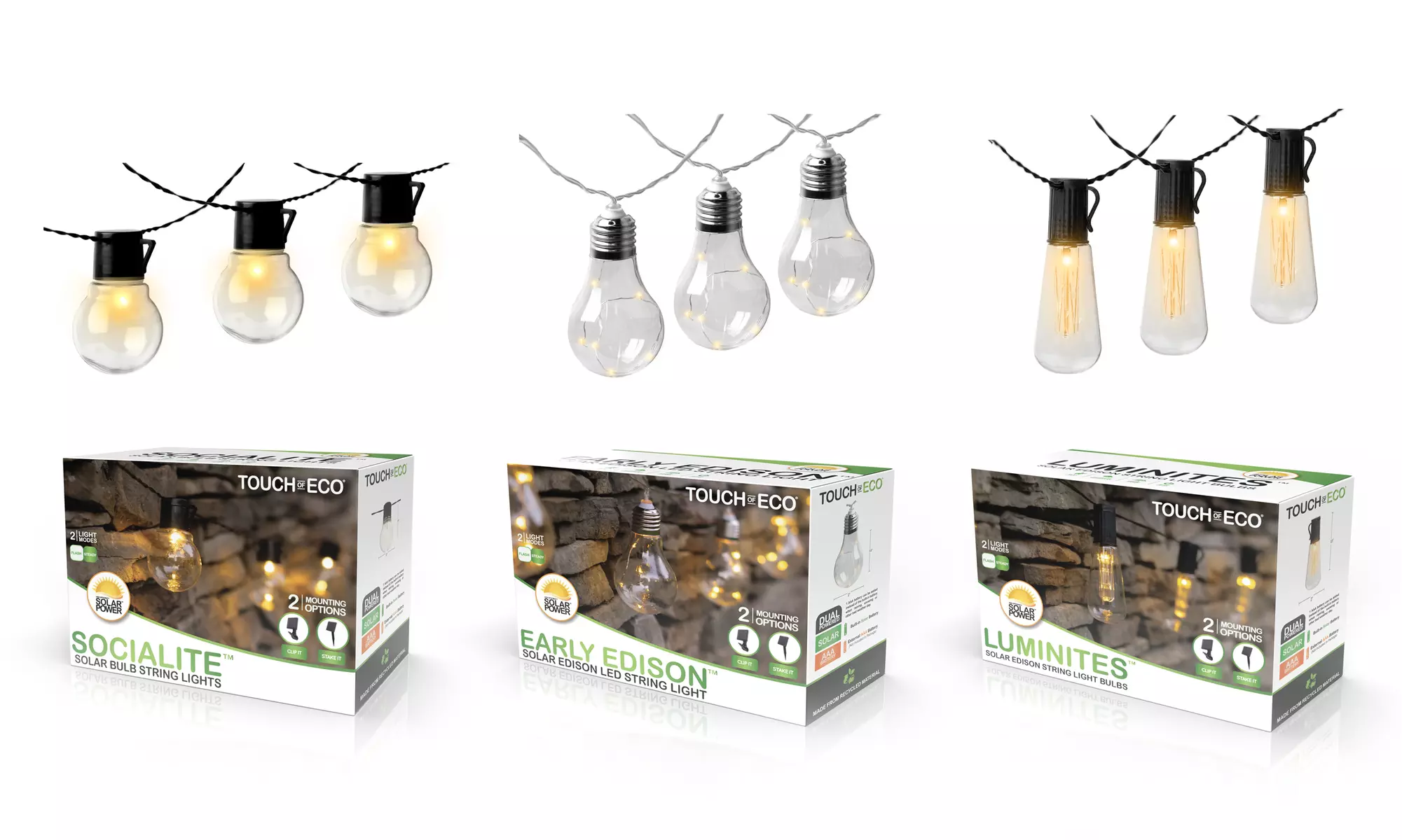 Solar 20ft Edison-Style Patio Bulb String Lights (Three Styles)1-,2- or 4-Pack - Primary Image