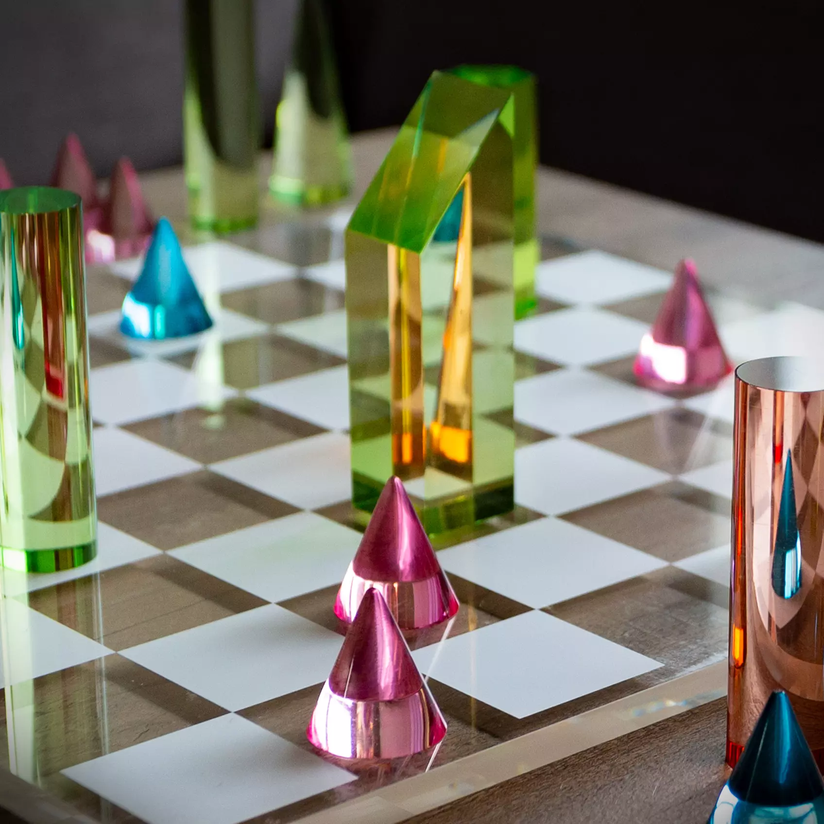 Modern Chess Set, Acrylic Chess Board with 32 Colorful Game Pieces 