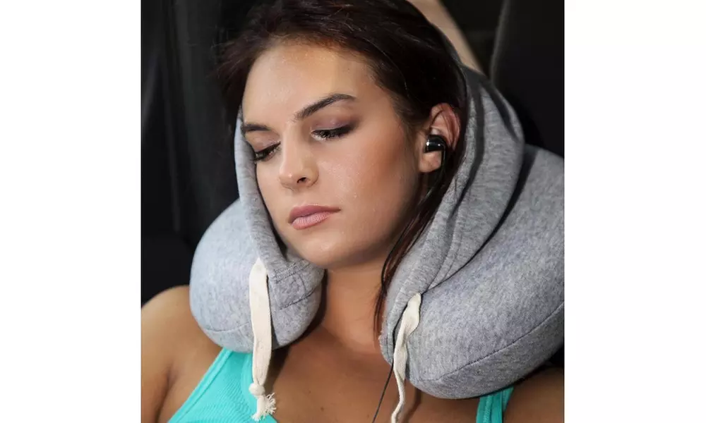 1 Voice Memory Foam Travel Pillow With Hood and Built-in Ear Buds - Primary Image