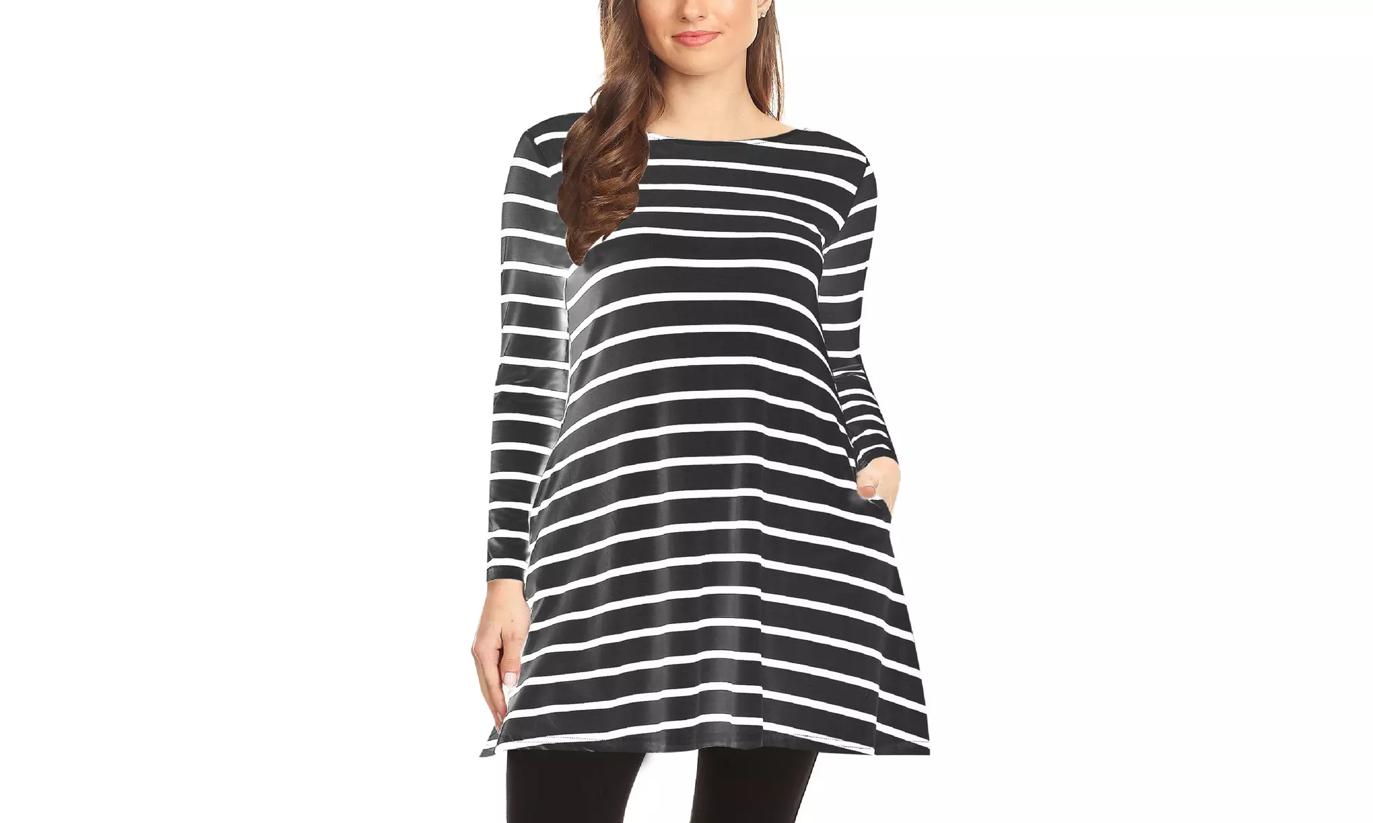 Striped A-Line Pockets Long Sleeves Relaxed Fit Dress Tee Top