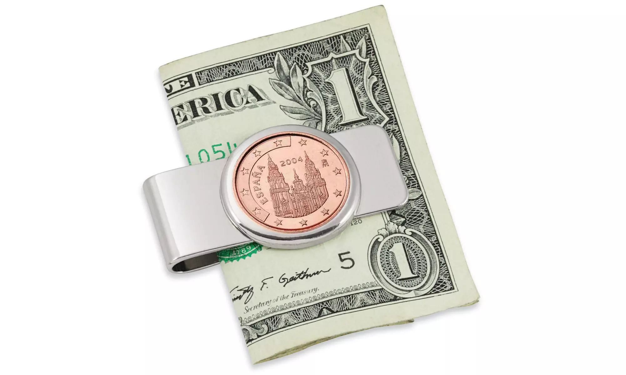 Spain Obradoiro 5 Cent Euro Coin Silvertone Coin Money Clip - Primary Image