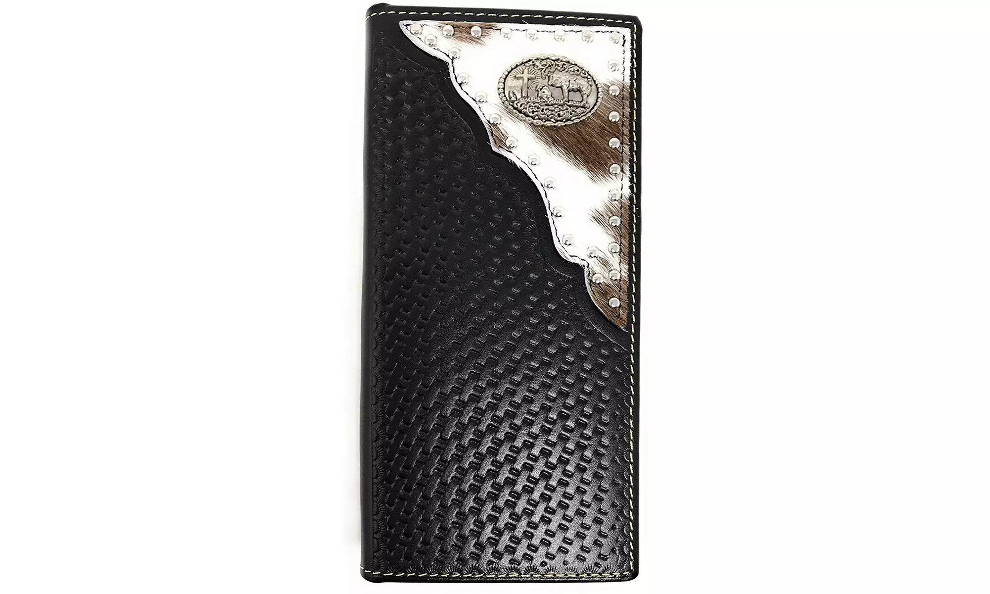 Western Men's Basketweave Praying Cowboy Long Cowhide Stud Bifold Wallet  - Primary Image