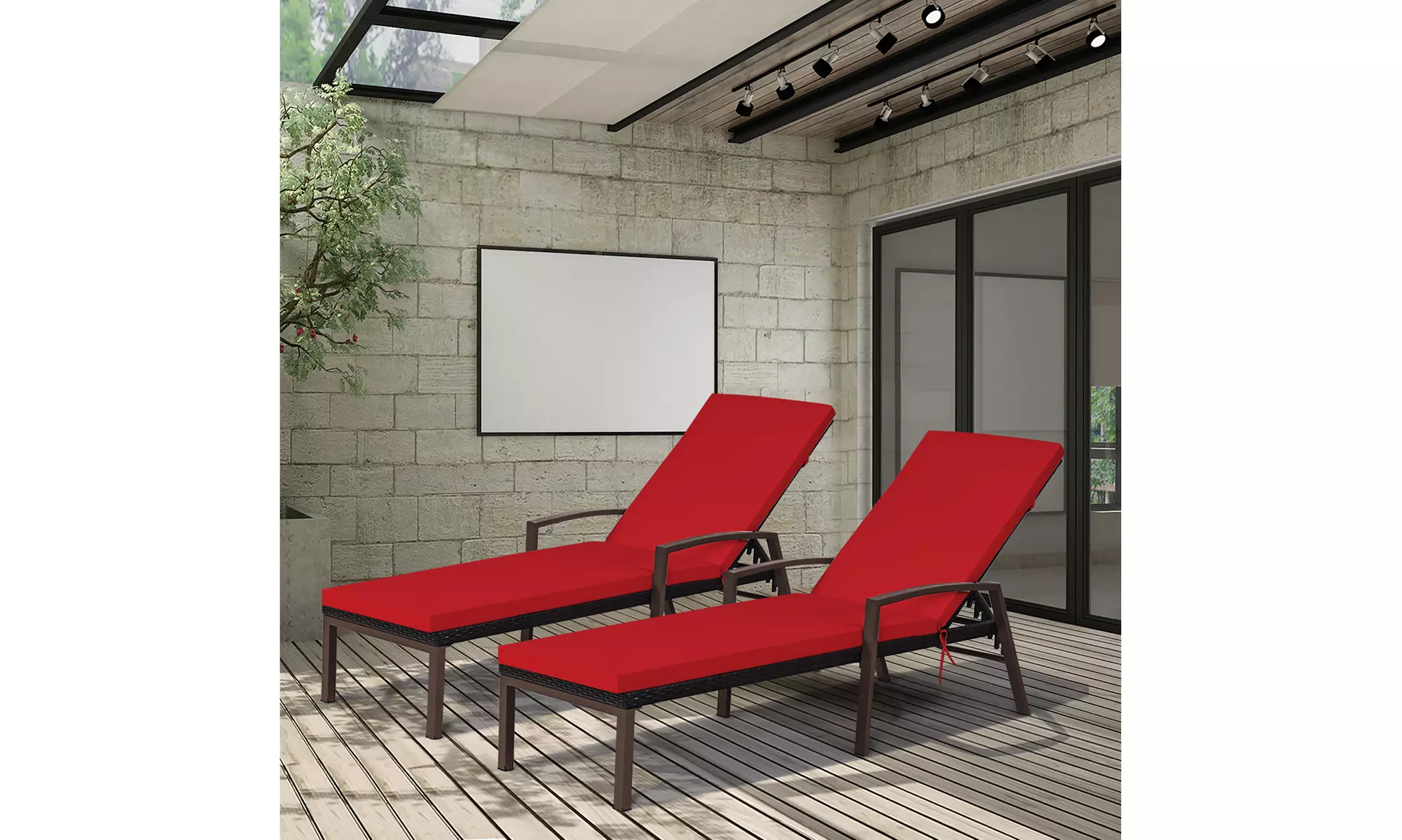 Costway 2PCS Patio Rattan Lounge Chair Chaise Recliner Back Adjustable Cushion