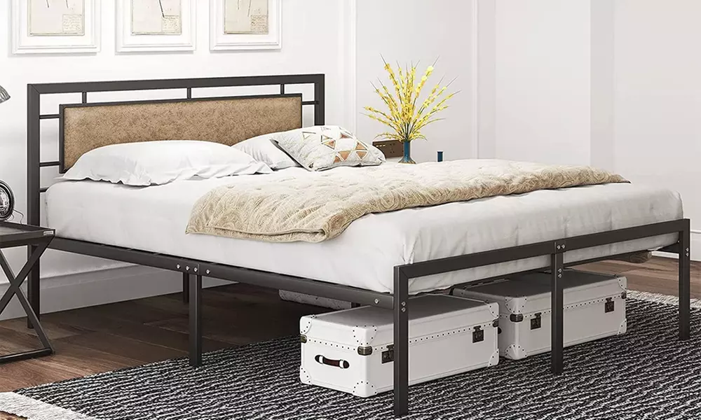 Metal Queen Bed Frame with Upholstered Faux Leather Headboard - Primary Image