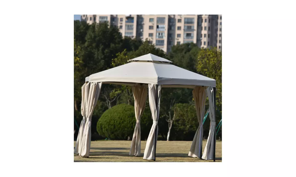 Outdoor Patio Hexagon Gazebo with Polyester Curtain Side Wall, Double Roofs - Primary Image
