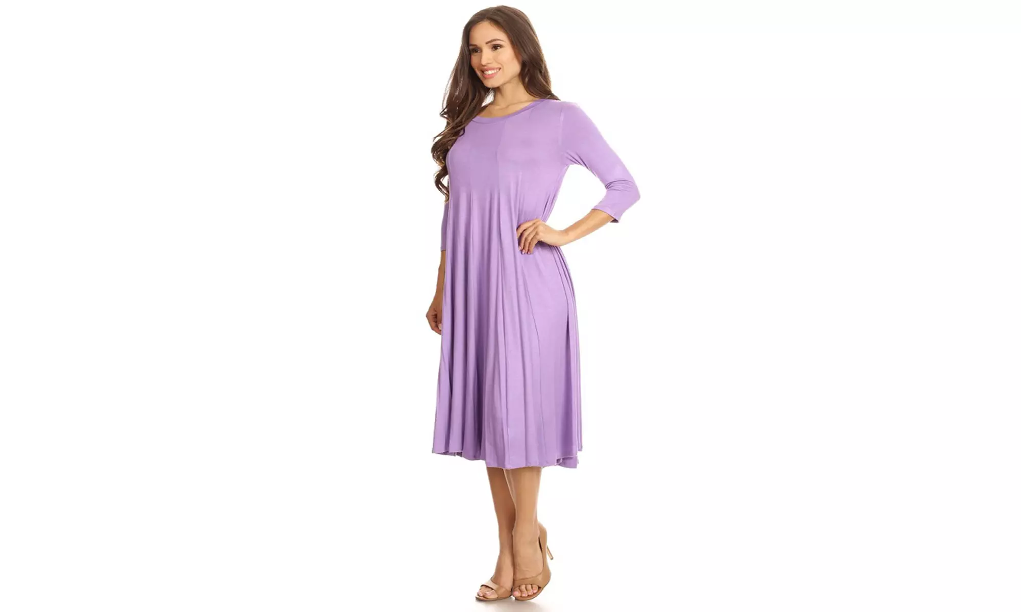 Women's Solid Casual Comfy 3/4 Sleeve Loose Fit A-line Midi Dress