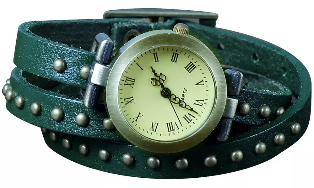 Retro Rivet Vegan Leather Wrap-Around Cuff Watch
