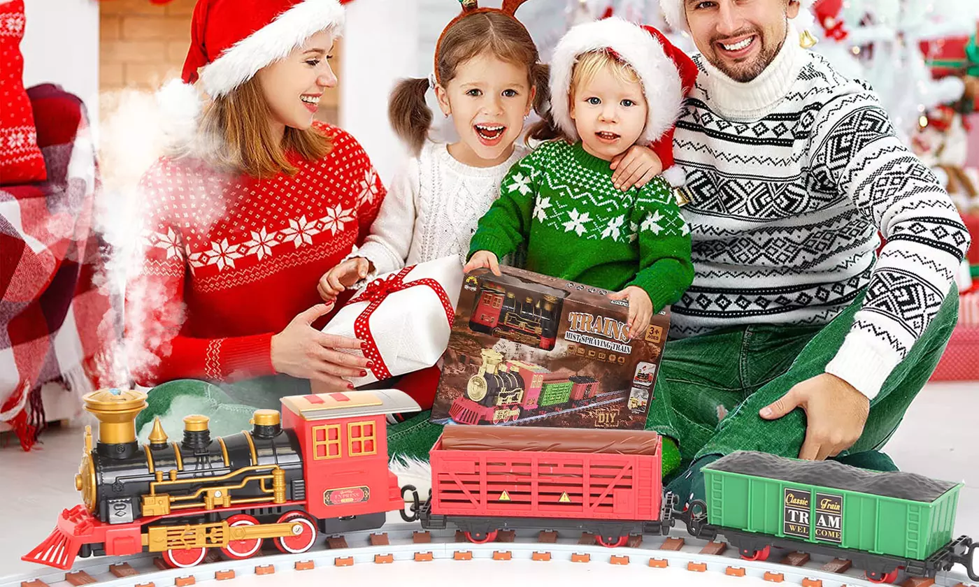Christmas Train Toy Set Electric Train Railway w/ Sounds, Lights, & Smoke - Primary Image