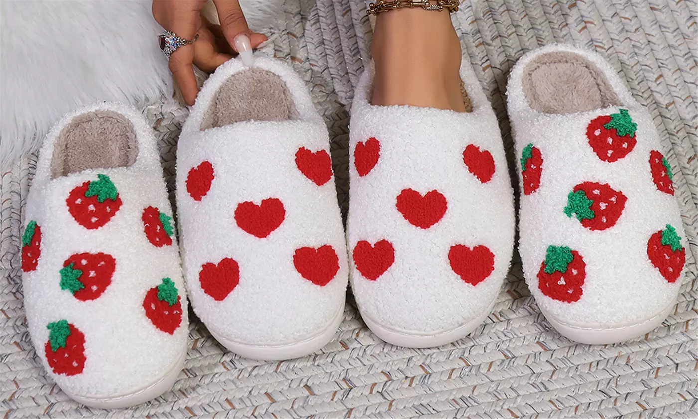 Women's Plush Slippers in Heart, Strawberry or Cherry Mushroom Design - Primary Image