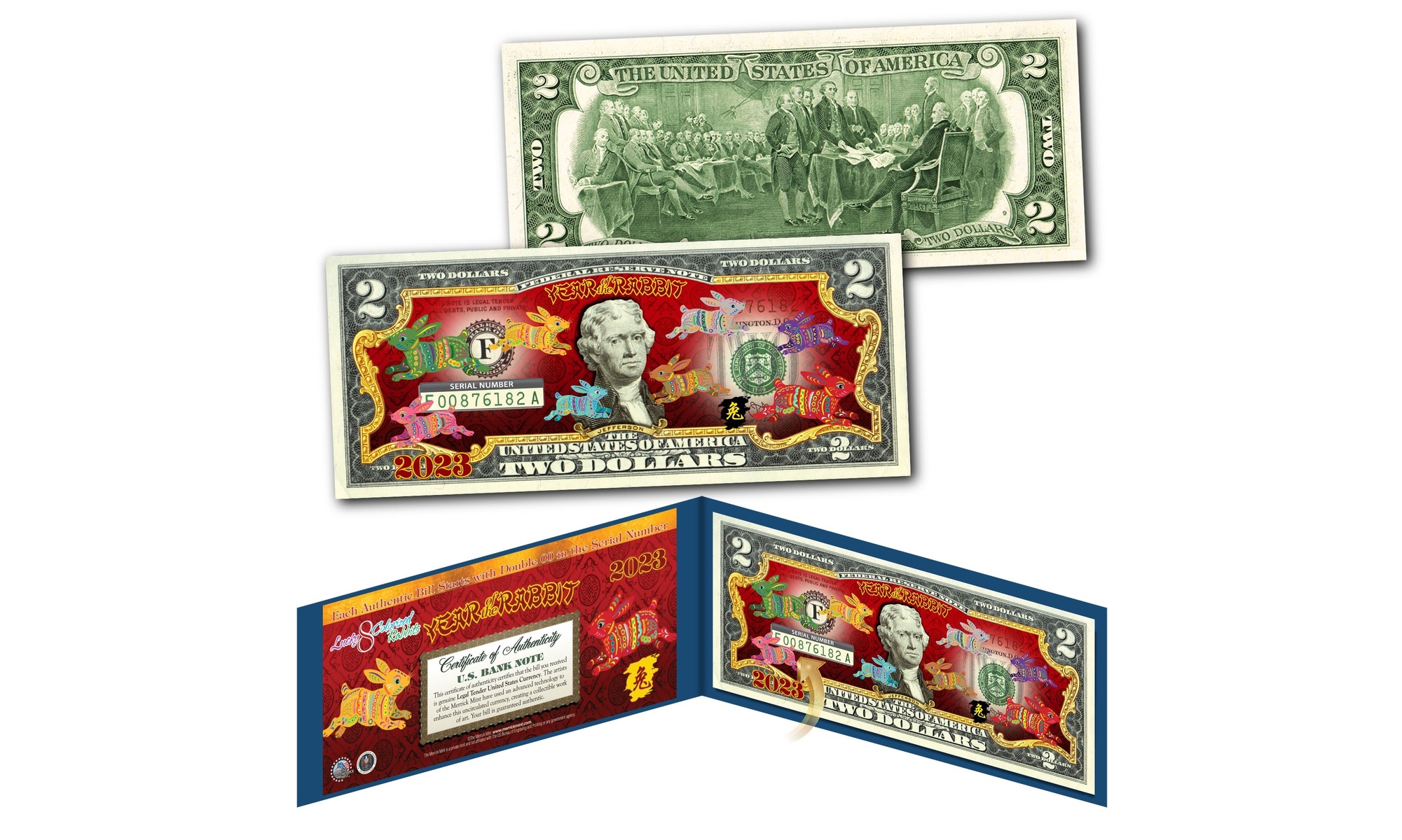 2023 Chinese New Year 8 Polychrome Rabbits 2 Dollar Bill w/Blue Folder
