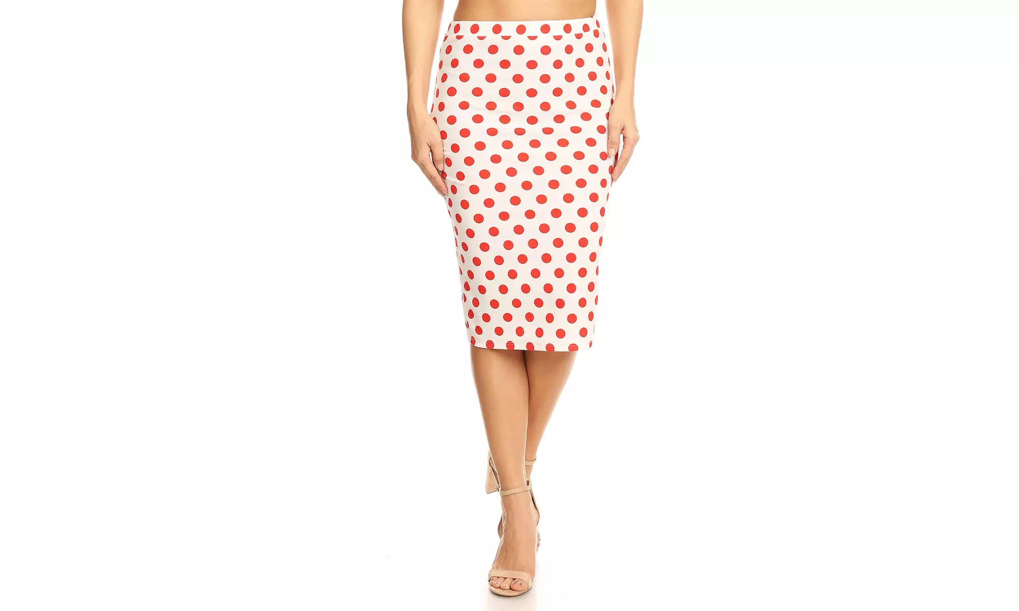 MOA Collection Women's Elastic Waist Band Polka Dot Printed Midi Skirt