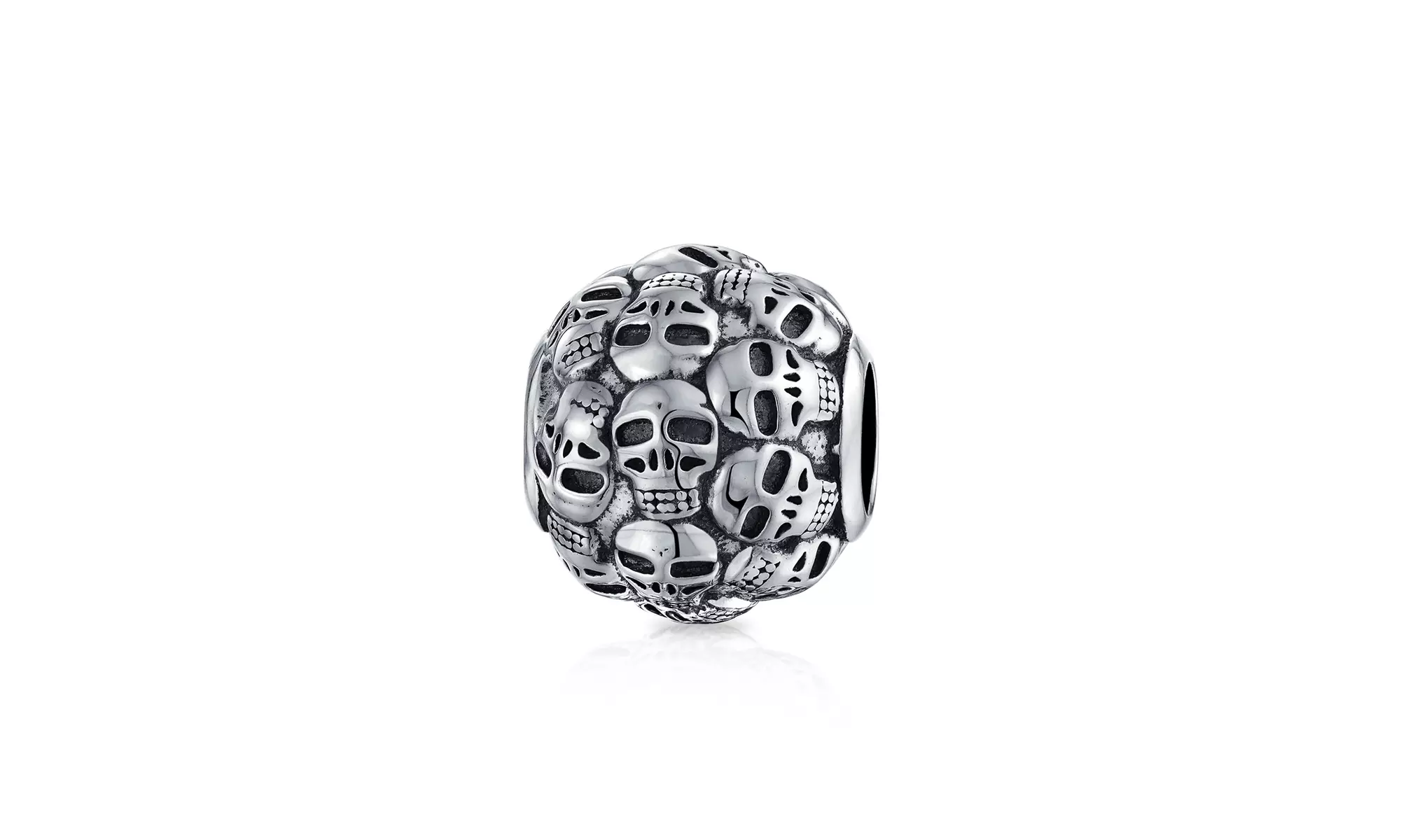 Skeleton Skulls Dia De Los Muertos Round Barrel Charm Bead 925 Silver - Primary Image