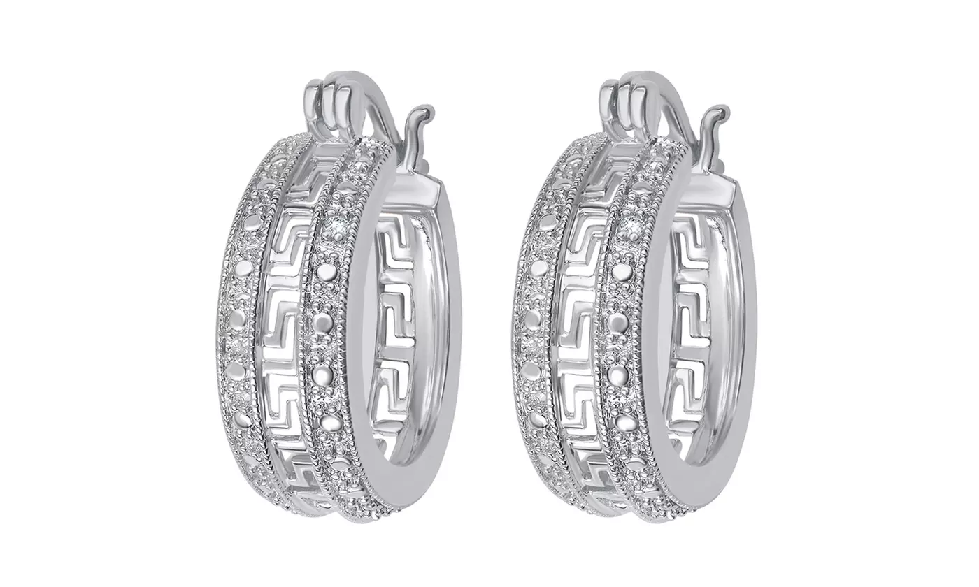 14K Gold-Plated Diamond-Accent Greek-Key Hoop Earrings by Brilliant Diamond