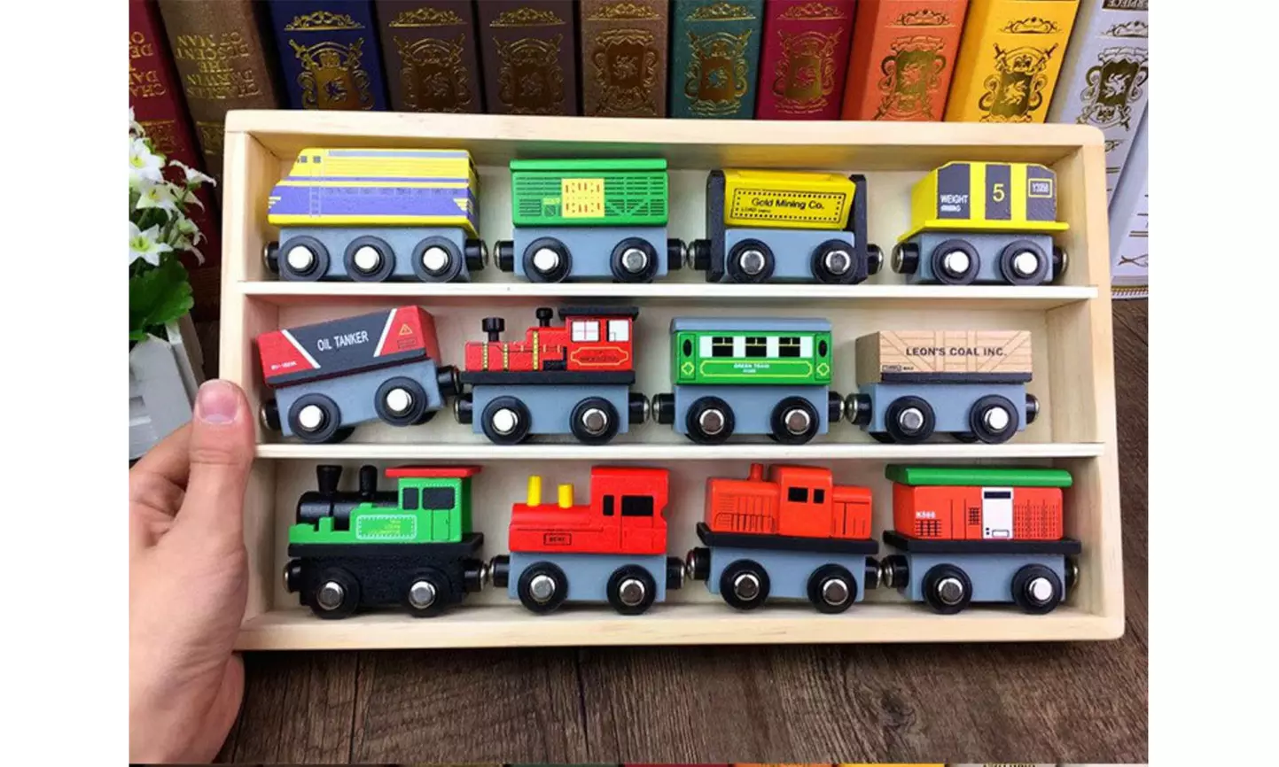 12 Pcs Wooden Engines & Train Cars Set - Second Medium