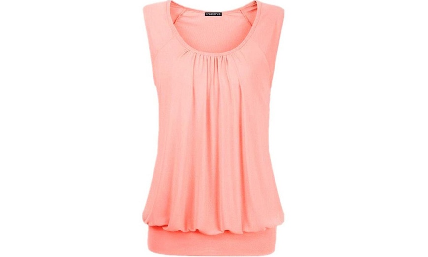 Image 3: Women Solid Color O-neck Sleeveless Tops Loose Pleated Cotton Tank