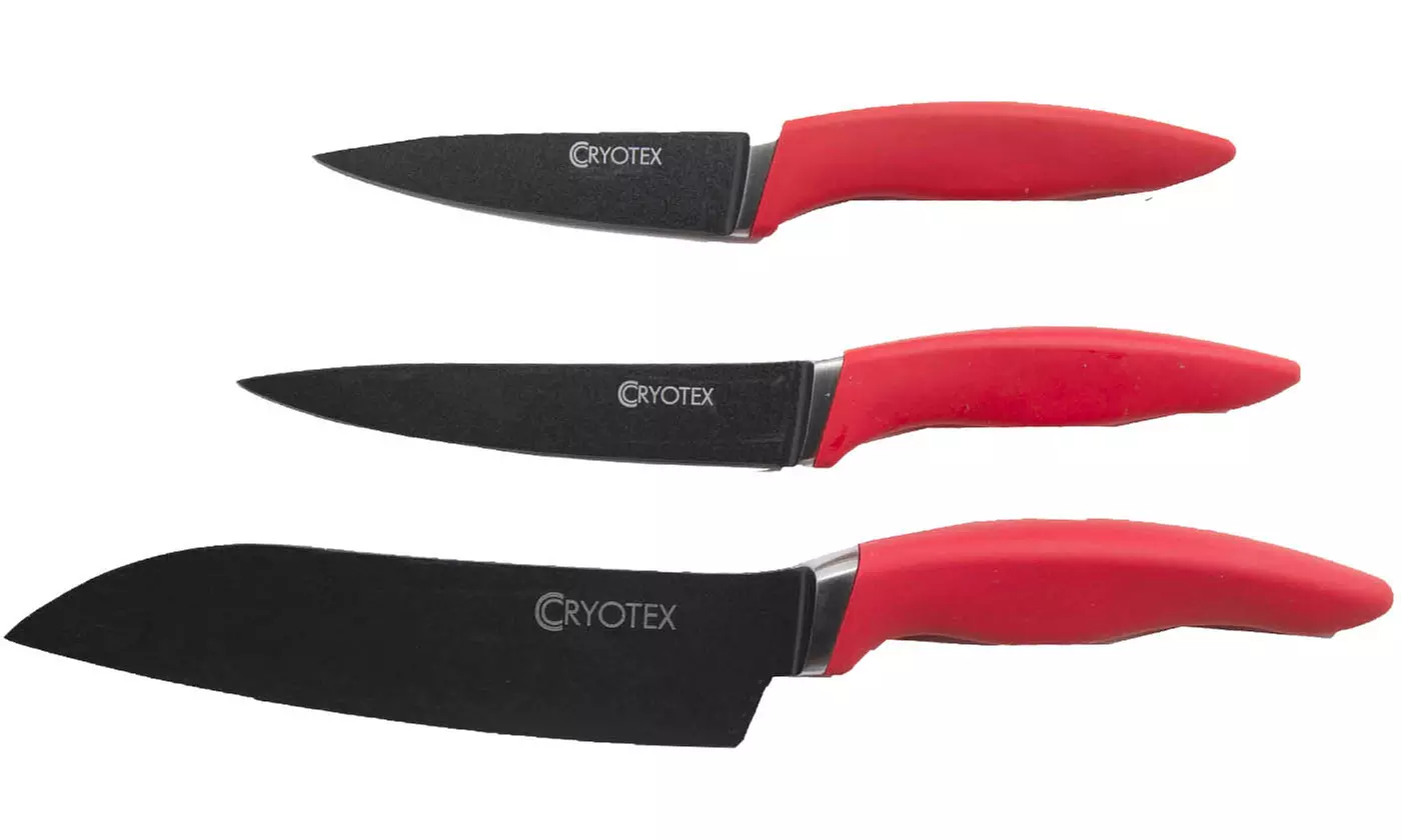 Cryotex 3-Piece Cryogenically Treated Knife Set with Red Handle And Blade Cover  - Primary Image