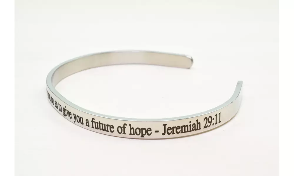 Solid Stainless Steel 5mm Holy Scripture Cuff in Silver by Pink Box - Primary Image