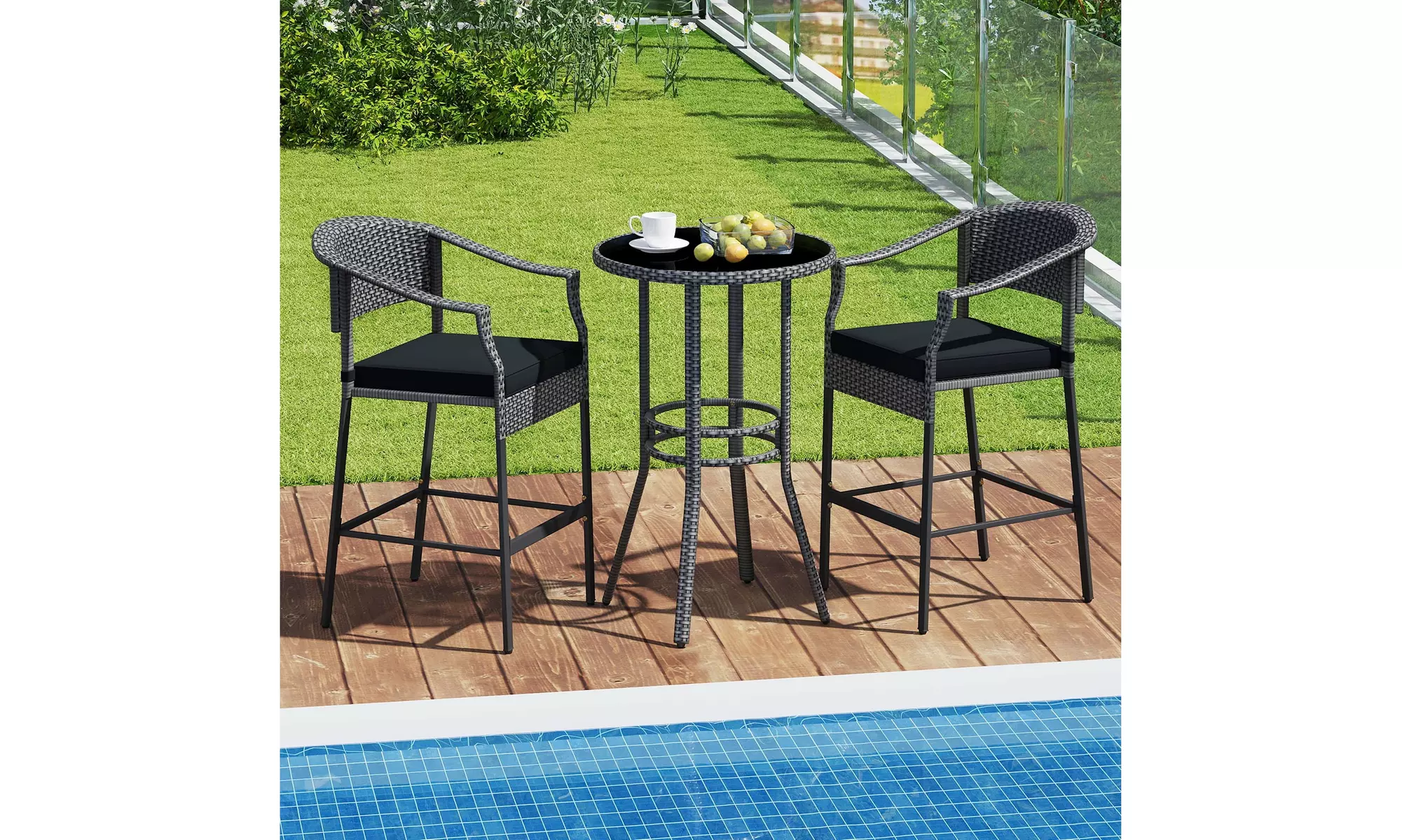 Costway 3-Piece Patio Rattan Bar Set Wicker Bar Height Armchairs and Round Table