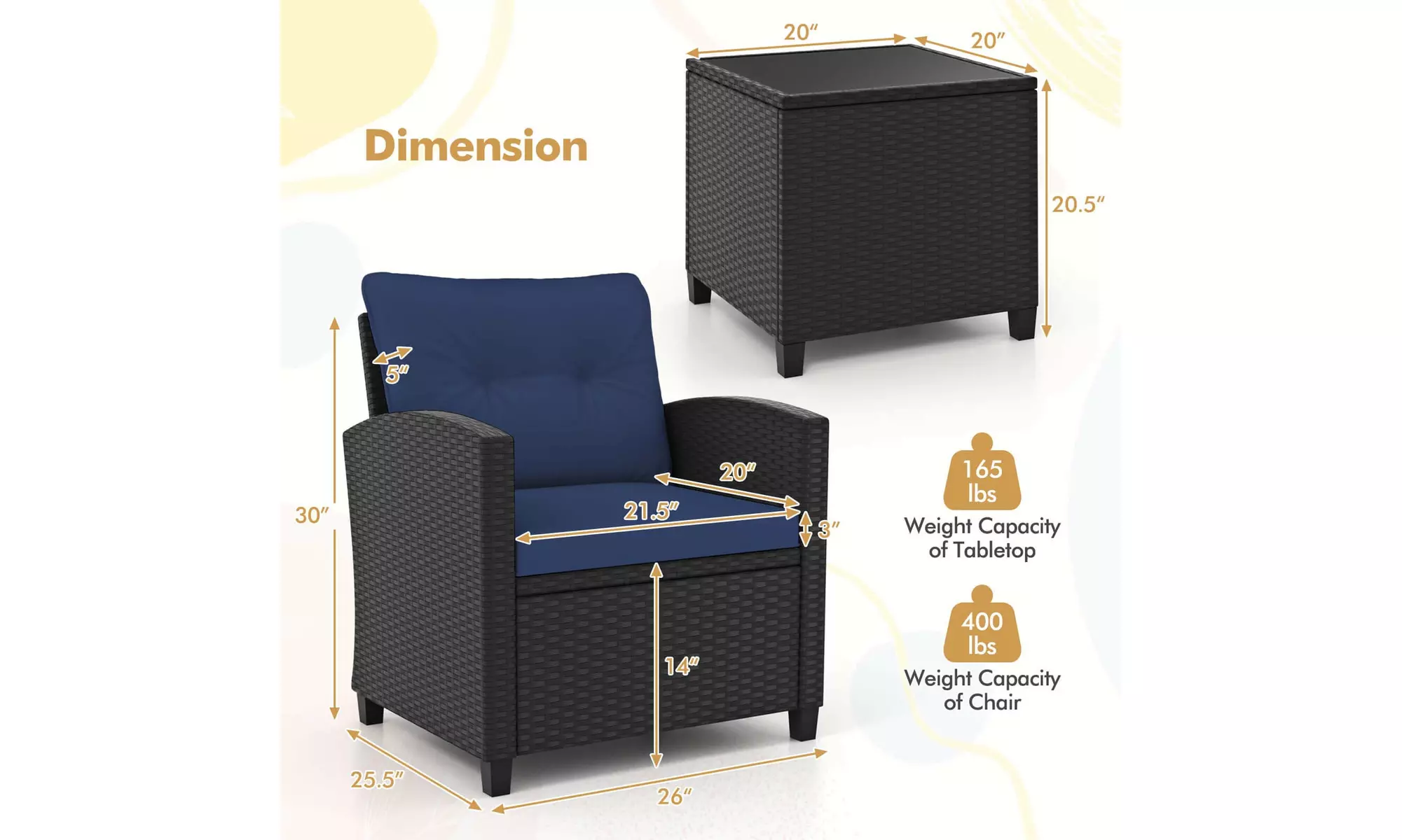  Three-Piece Costway Patio Furniture Set with Tempered Glass Coffee Table