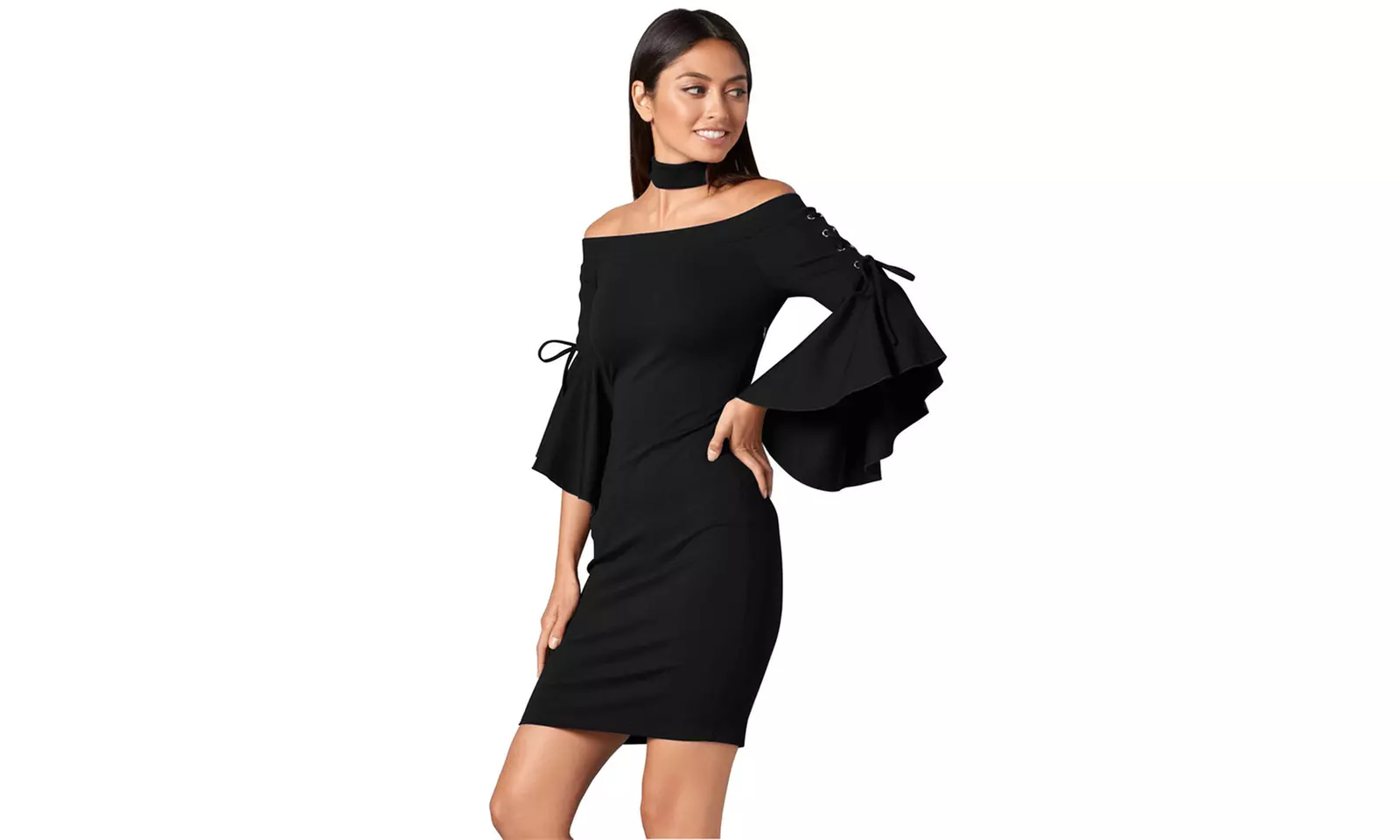 Women's Grommet Lacing Sleeved Black/Navy Choker Dress - Second Medium