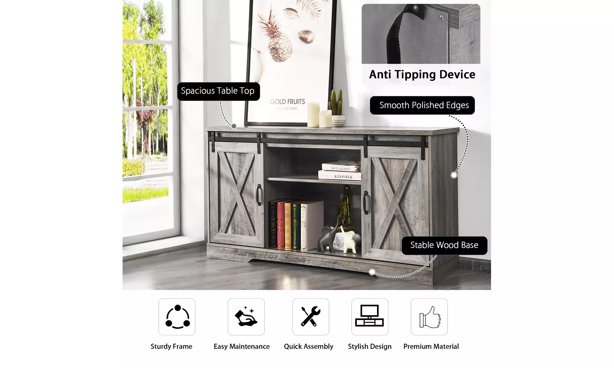 Costway 59'' Farmhouse TV Stand Sliding Barn Door Cabinet w/ Adjustable Shelf