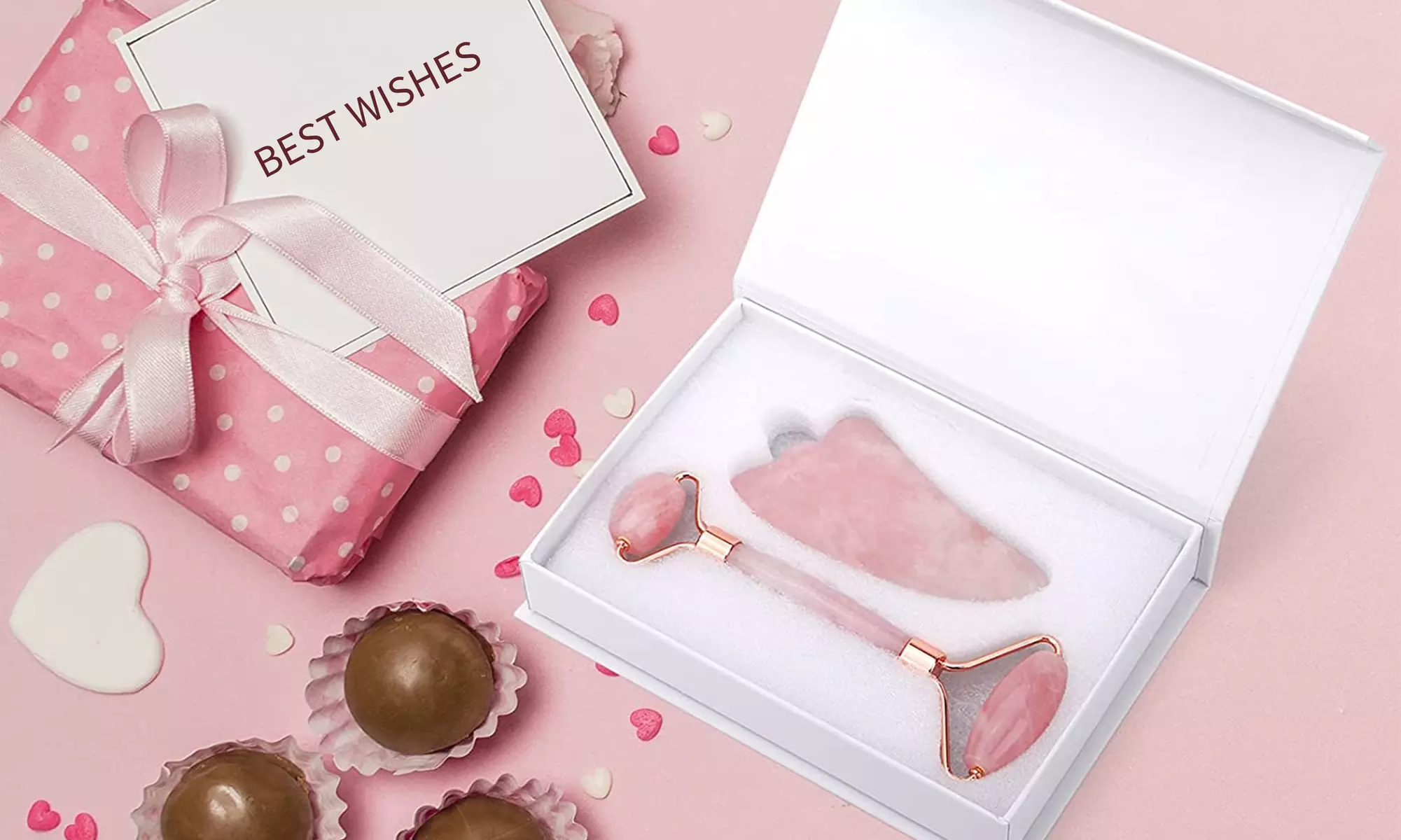 Valentines Gift Anti Aging Set Rose Jade Roller Face Massager & Gua Sha Scraping - Primary Image
