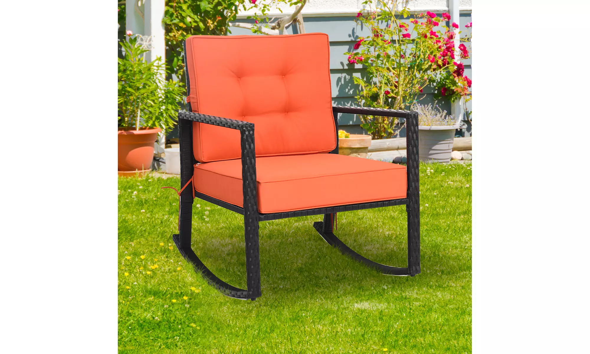 Costway Patio Rattan Rocker Chair Outdoor Glider Wicker Rocking Chair Cushion