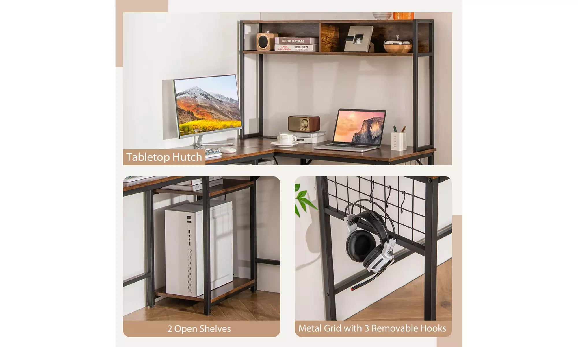 L-shaped Desk with Power Outlet Large Corner Desk Converts to 2-Person Long Desk