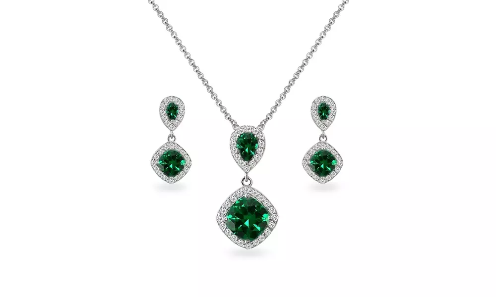 Emerald & White Topaz Dangle Earrings & Necklace Set in 925 Silver - Primary Image