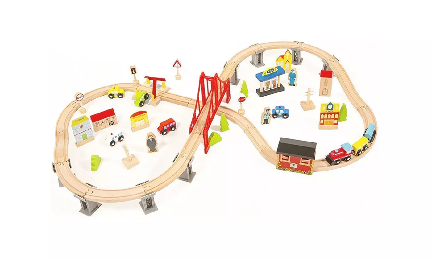 70pcs Wooden Kids Toy Play Set Crossing Bridge Railway Track - Second Medium