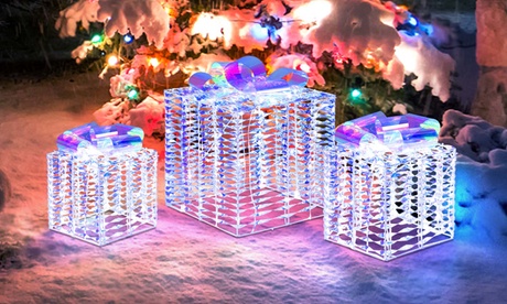 Costway 3 Sets Iridescent Christmas Gift Box LED Lighted Present Box Decor Yard 8 +10 +12 White + Gold