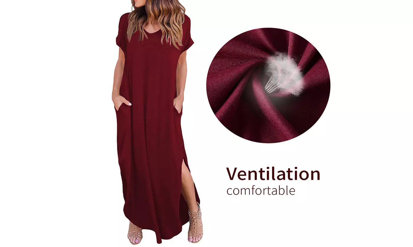 Women's Casual V-Neck Short Sleeve Side Slit Maxi Dress with Pockets