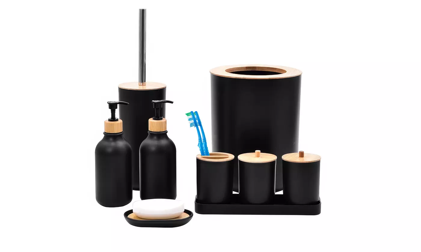 NewHome Bathroom Accessory Set Plastic & Bamboo Bathroom Accessories (9-Piece)