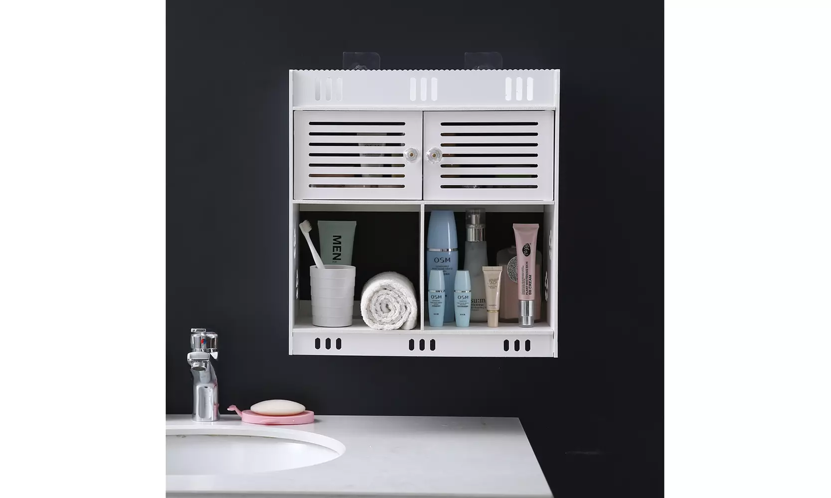 Non-Perforated Wall Mounted PVC Bathroom Cabinet with Drawer and 2 doors,White - Primary Image