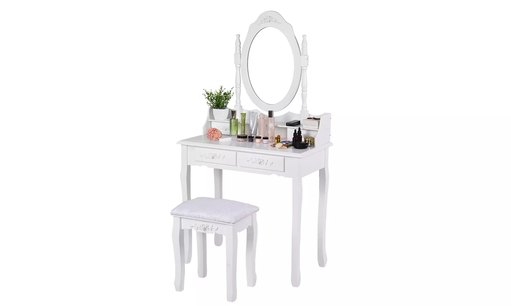 Vanity Table Set With Oval  Mirror With 4 Drawers Dressing Table Cushioned Stool - Primary Image