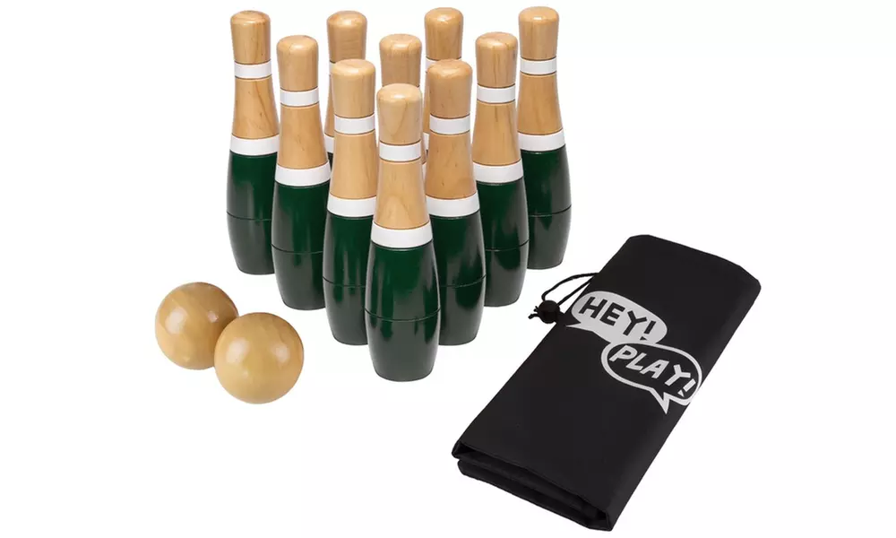 Lawn Bowling Game/Skittle Ball- 10 Wooden Pins, 2 Balls, & Bag Set by Hey! Play! - Second Medium