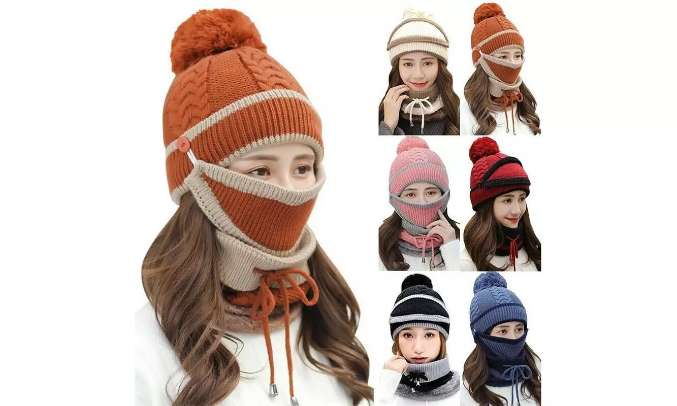3PCS Women Beanie Hat Pom Bobble Scarf Mask Set Warm Snow Ski Cap - Primary Image