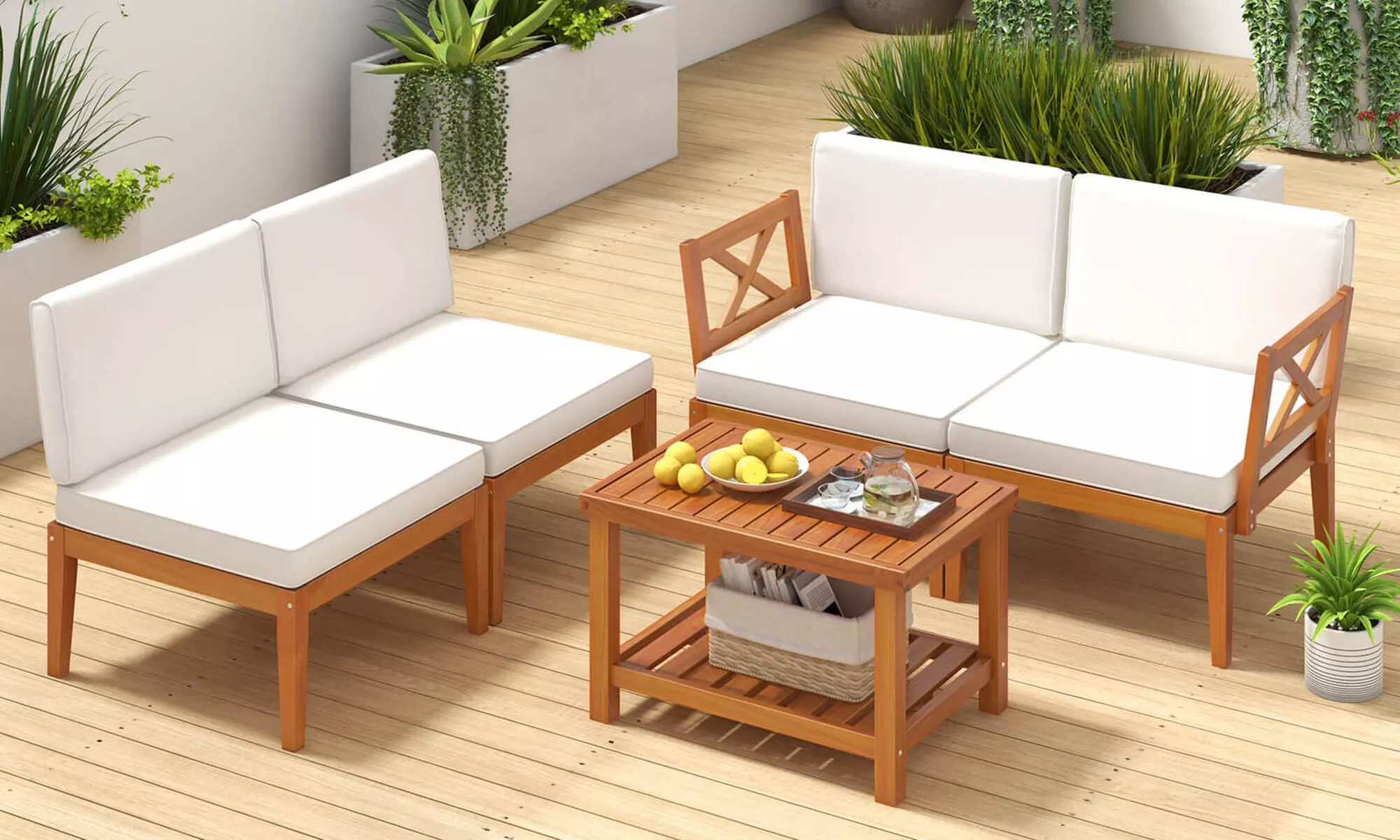 Costway Acacia Wood Patio Furniture Set with Cushions and 2-Tier Coffee Table