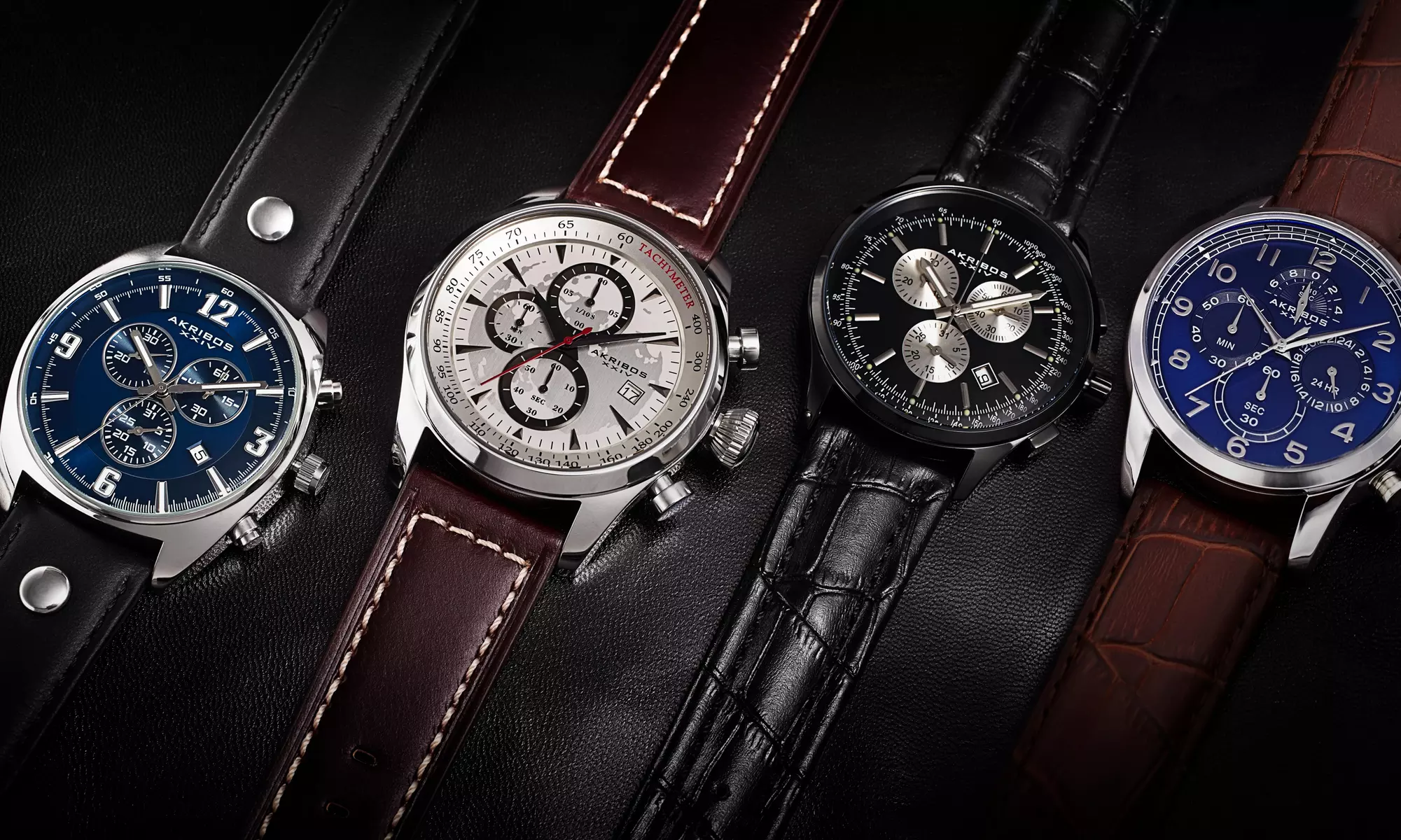 Men's Akribos Multi-Function Genuine Leather Strap Watch - Primary Image