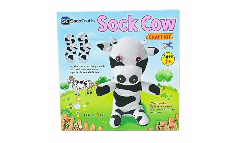 SadoCrafts Sock Sew Your Own Sock Doll Sewing Craft Kit Sew Cow  - Primary Image