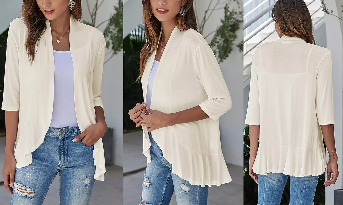 Women's Casual Lightweight Open Front 3/4 Sleeve Cardigans Soft Draped Ruffles