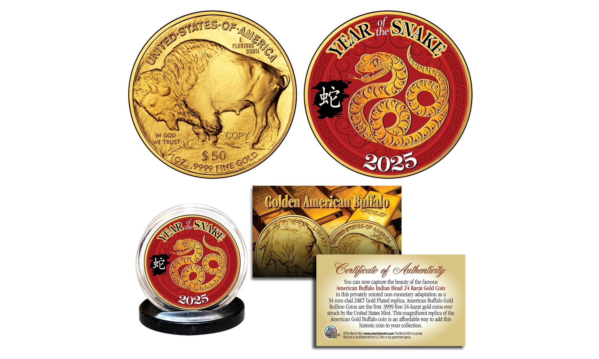 2025 Chinese New Year of the SNAKE 24K Gold Plated Buffalo Medallion w/ stand