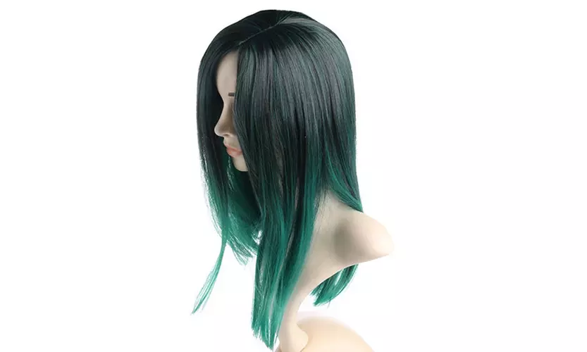 Women Mixed Black Green Centre Parting Straight Hair Cosplay Party Full Wig - Second Medium