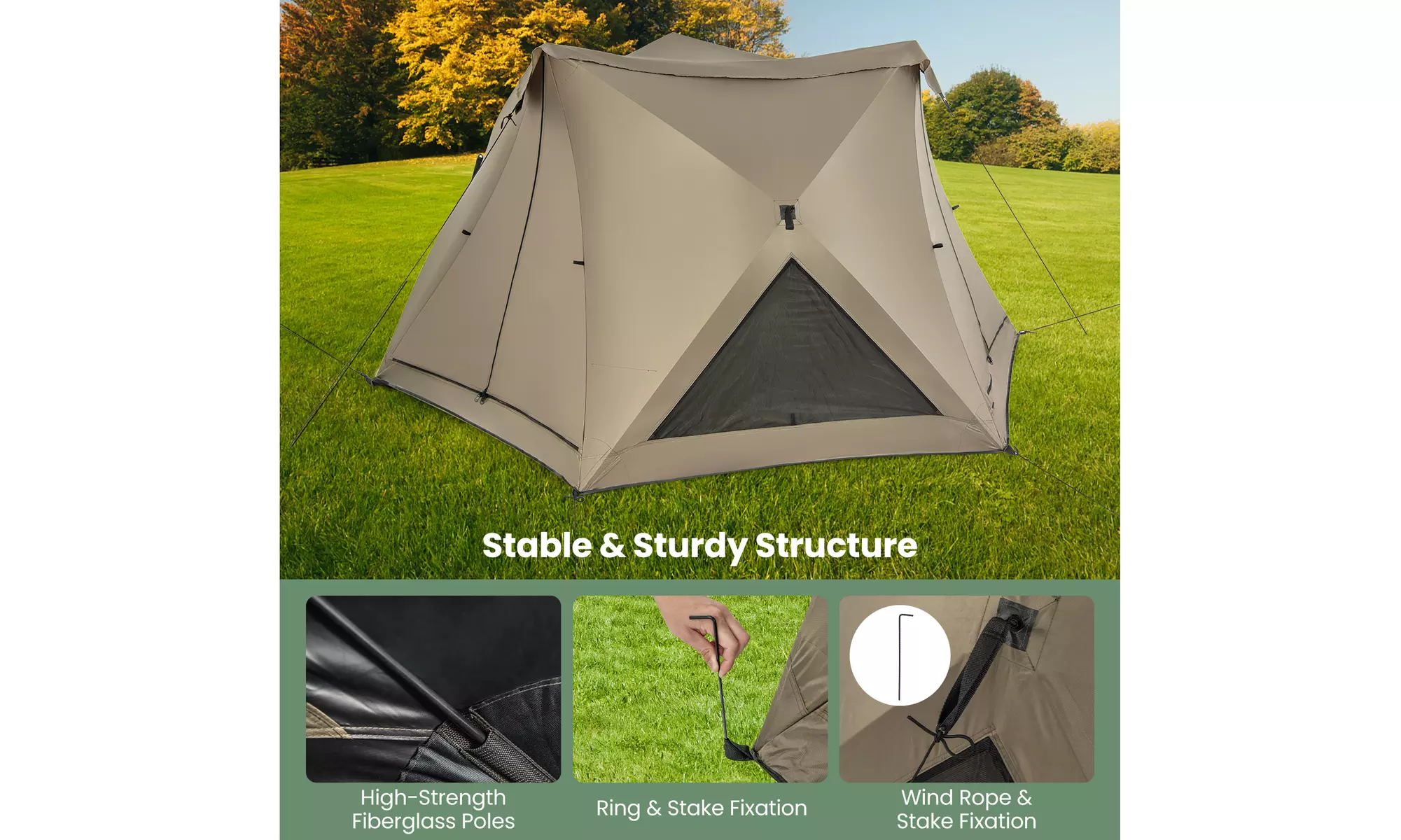 Costway Pop-up Camping Tent for 4 to 6 People with Rainfly Skylight and 3 Doors