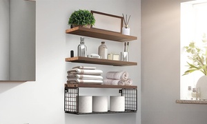 NewHome 2-In-1 Wood Floating Shelves w/ Storage Basket Wall Mounted Shelves