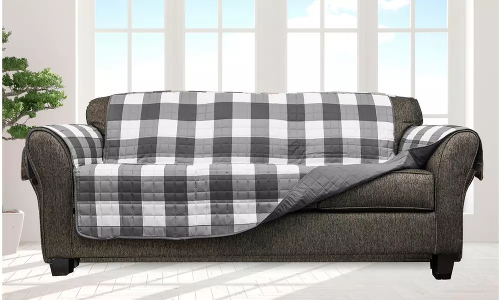 Damask and Plaid Check Reversible Slipcover Furniture Protector  - Primary Image